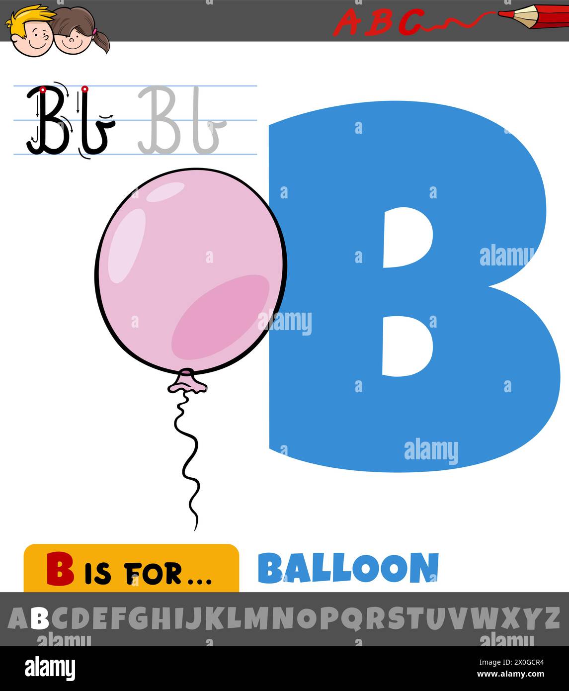 Illustration éducative de dessin animé de la lettre B de l'alphabet avec objet ballon Illustration de Vecteur