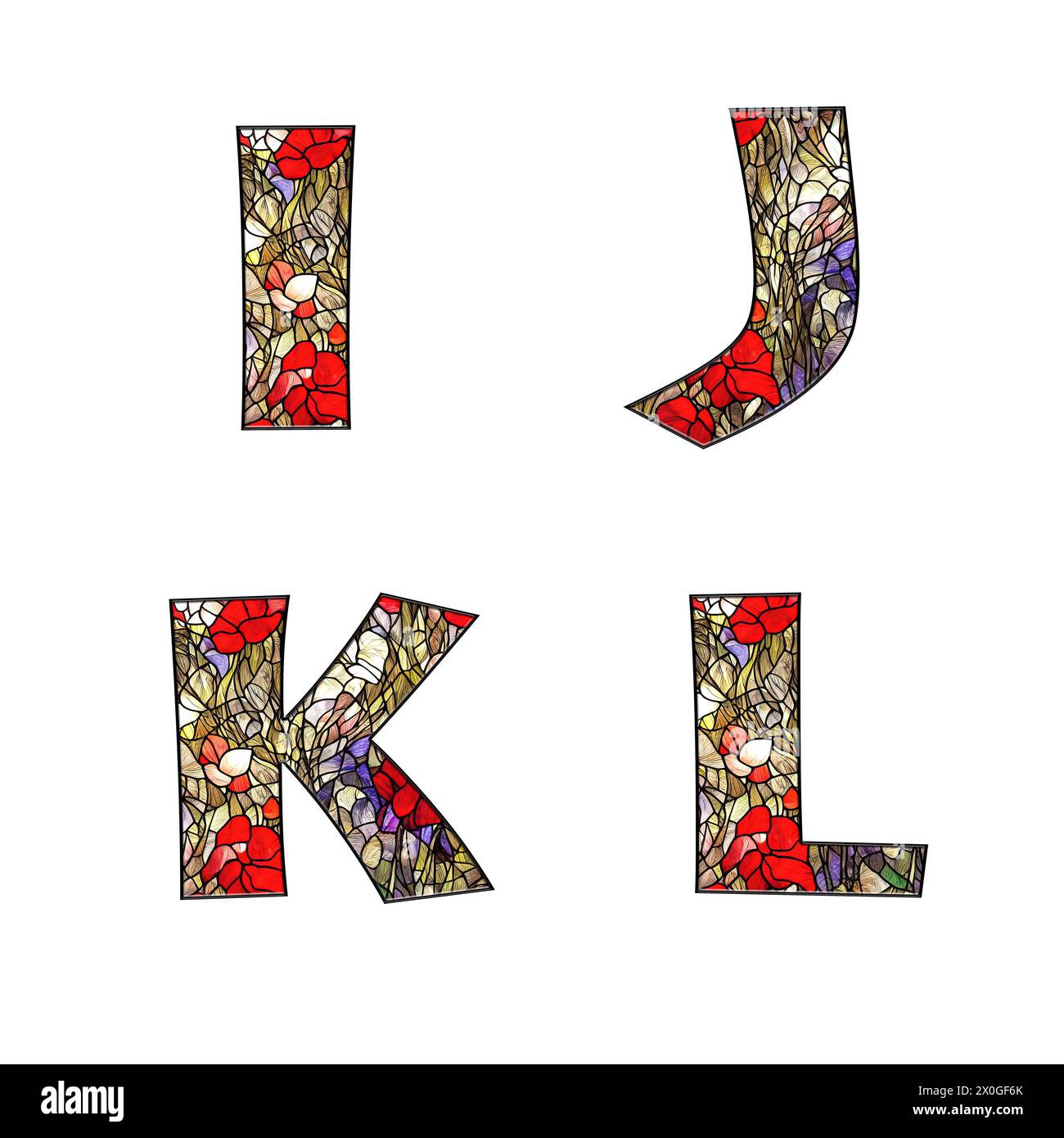 Illustration de vitrail floral ornemental alphabet - lettres I-L. Banque D'Images