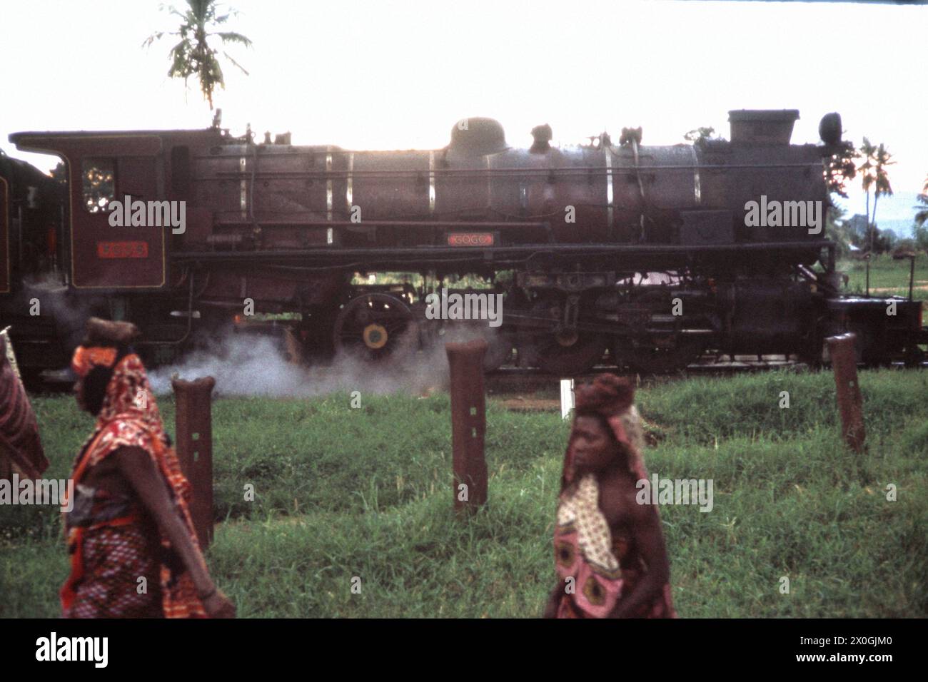 Femmes en robes traditionnelles devant un chemin de fer tanzanien à voie étroite à Mombo. [traduction automatique] Banque D'Images
