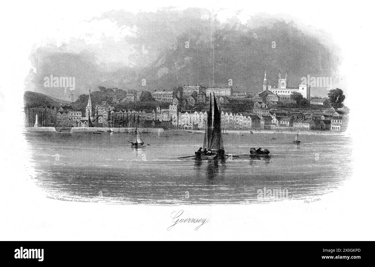 John & Frederick Harwood, 26 Fenchurch Street, Londres - vue de St Peter Port, Guernesey, depuis la mer. Trois bateaux au premier plan. Gravure sur acier vignette 1842 Banque D'Images