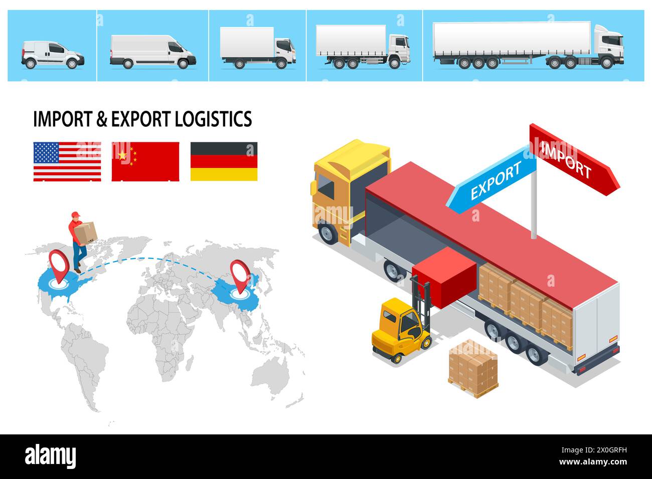 Expédition isométrique, systèmes logistiques, transport de marchandises. Transport de camion de cargaison, livraison, boîtes. Livraison rapide ou transport logistique. Livraison et Illustration de Vecteur