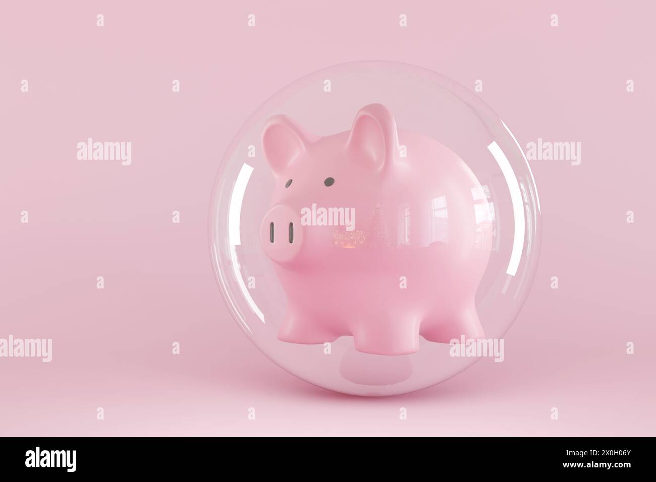 Tirelire rose dans une bulle transparente sur fond rose. Illustration de la notion de protection des actifs, d'investissement diversifié et de sécurité sociale Banque D'Images