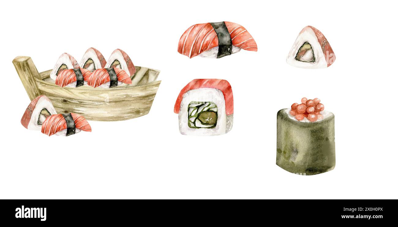 Set de sushis japonais avec composition d'assiette en bois avec des sushis, des éléments simples de sashimi avec du saumon, des rouleaux avec du caviar et des sushis avec du poisson rouge. Mer Banque D'Images