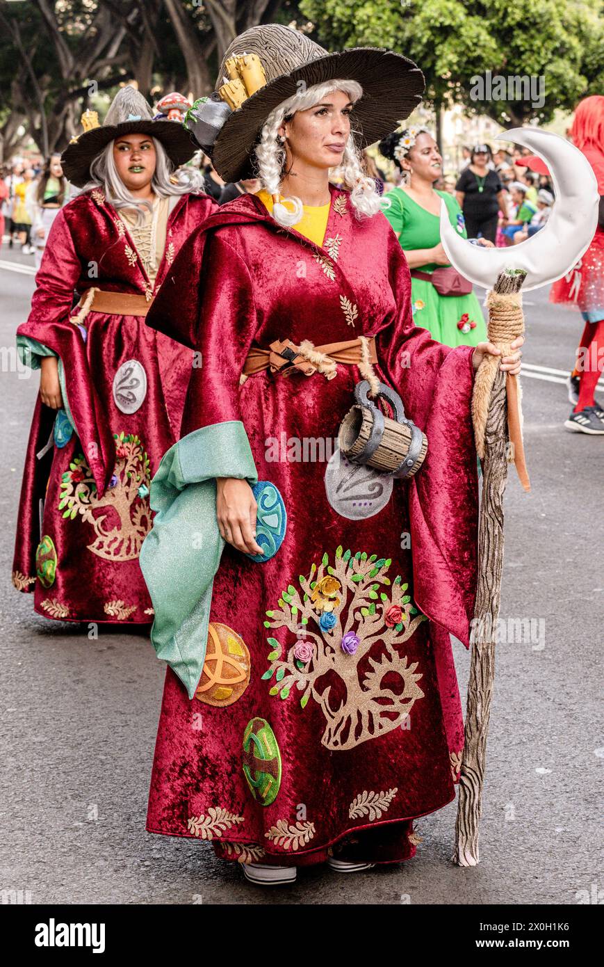 Des gens en costume élaboré marchant dans le défilé du carnaval de Tenerife, 2024 Banque D'Images