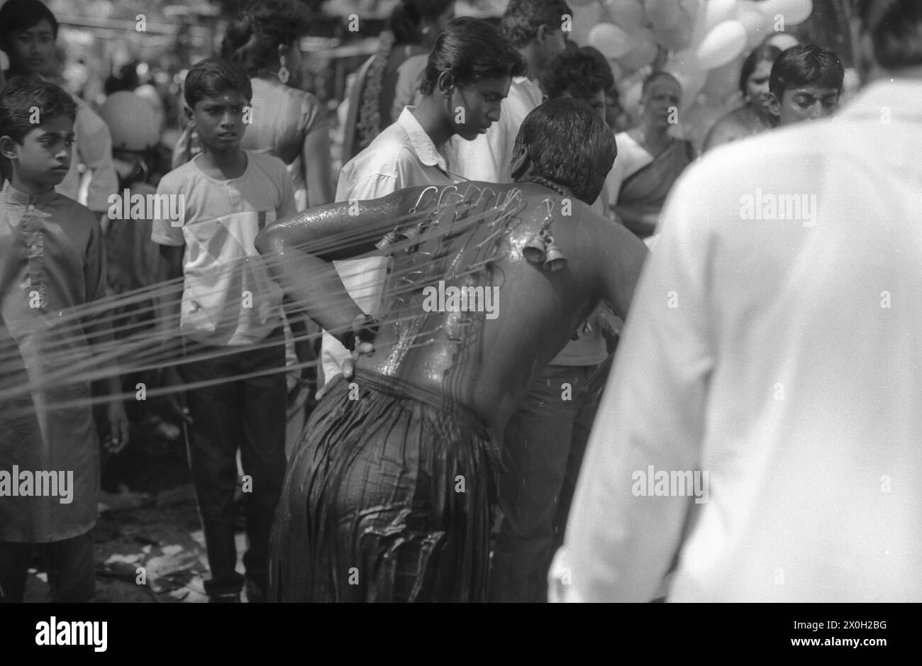 Les dévots se dévorant avec des crochets sur des cordes attachées à leur dos au festival indien Thaipusam à Penang. Banque D'Images