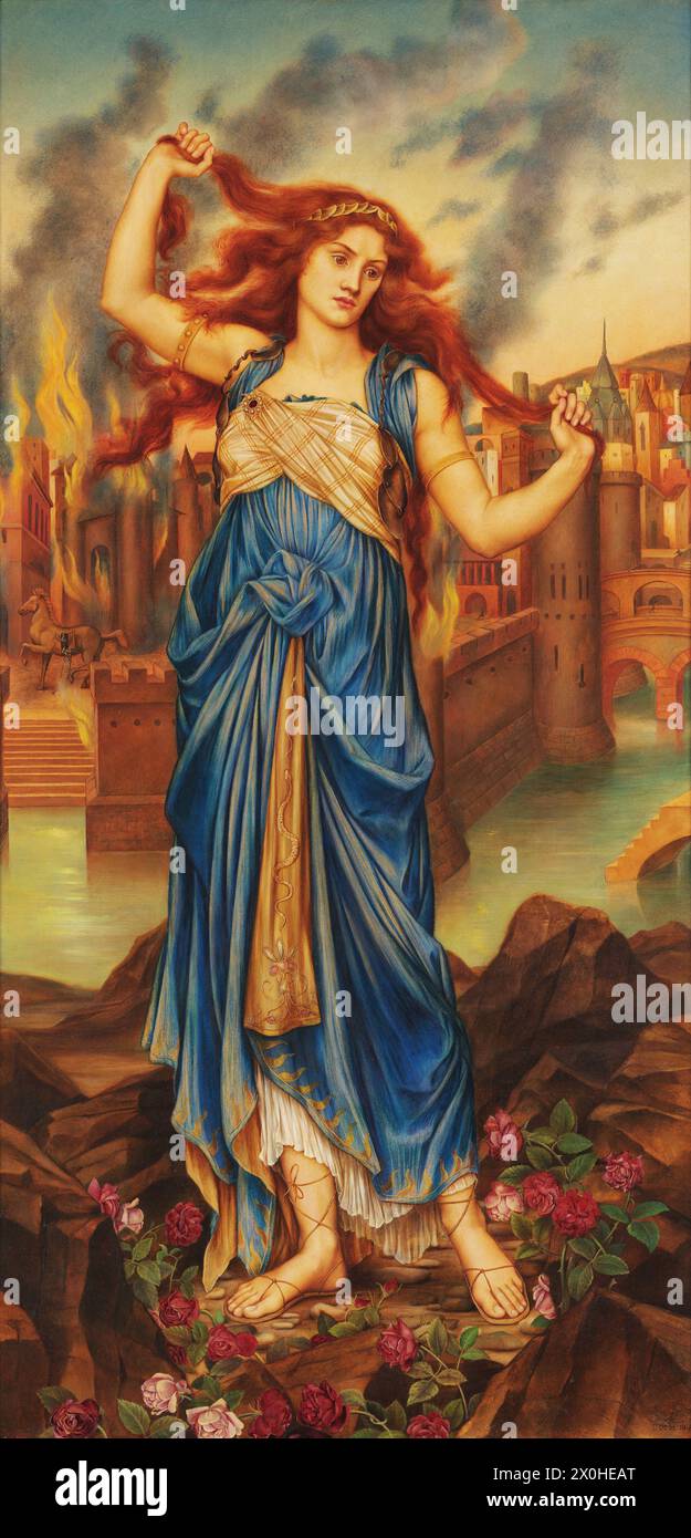 Cassandra d'Evelyn de Morgan (1898, Londres) ; Cassandra en face de la ville brûlante de Troie, représentée avec des cheveux en échevets dénotant la folie qui lui est attribuée par le cheval de Troie Banque D'Images