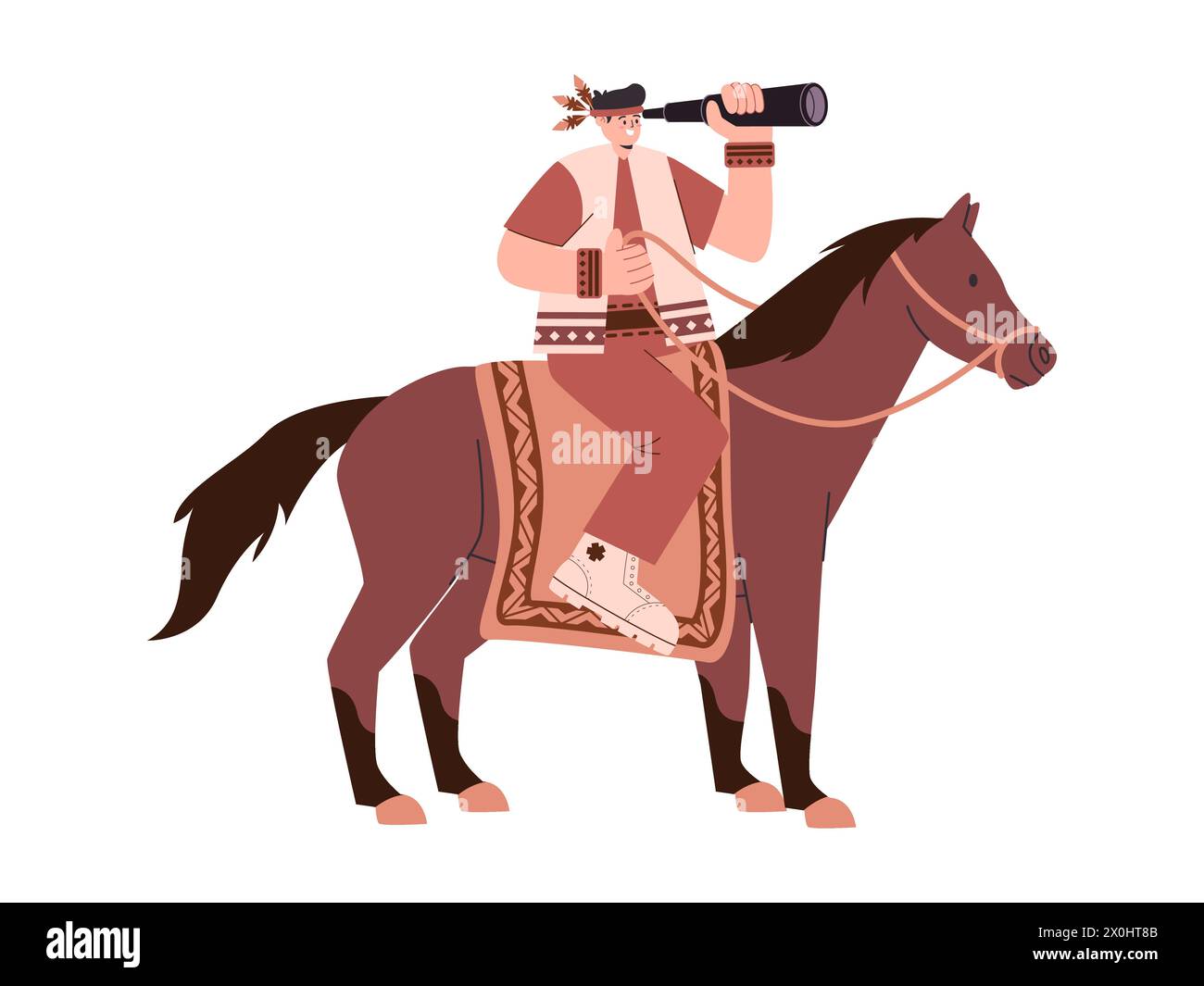 Homme de tribu amérindienne regardant avec binoculaire et équitation de couleur brune activité de loisirs d'animal de cheval Illustration de Vecteur
