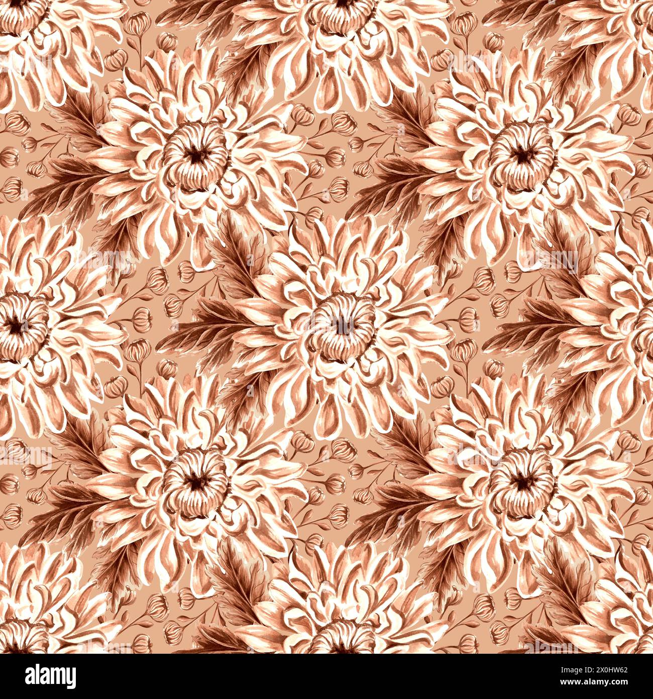 Modèle sans couture monochrome de chrysanthème avec des feuilles sur fond beige. Illustration d'aquarelle dessinée à la main de couleur brune. Fleurs de jardin. Templa Banque D'Images