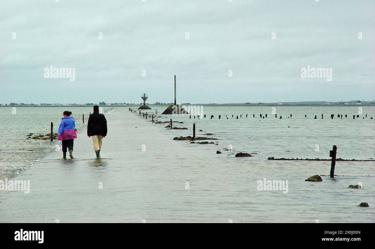 Vue sur l'eau au passage du Gois entre le continent français et l'Ile de Noimoutier. Deux personnes marchant sur la route encore inondée. Ils portent des bottes en caoutchouc et des vestes de pluie. En arrière-plan vous pouvez voir la côte. [traduction automatique] Banque D'Images