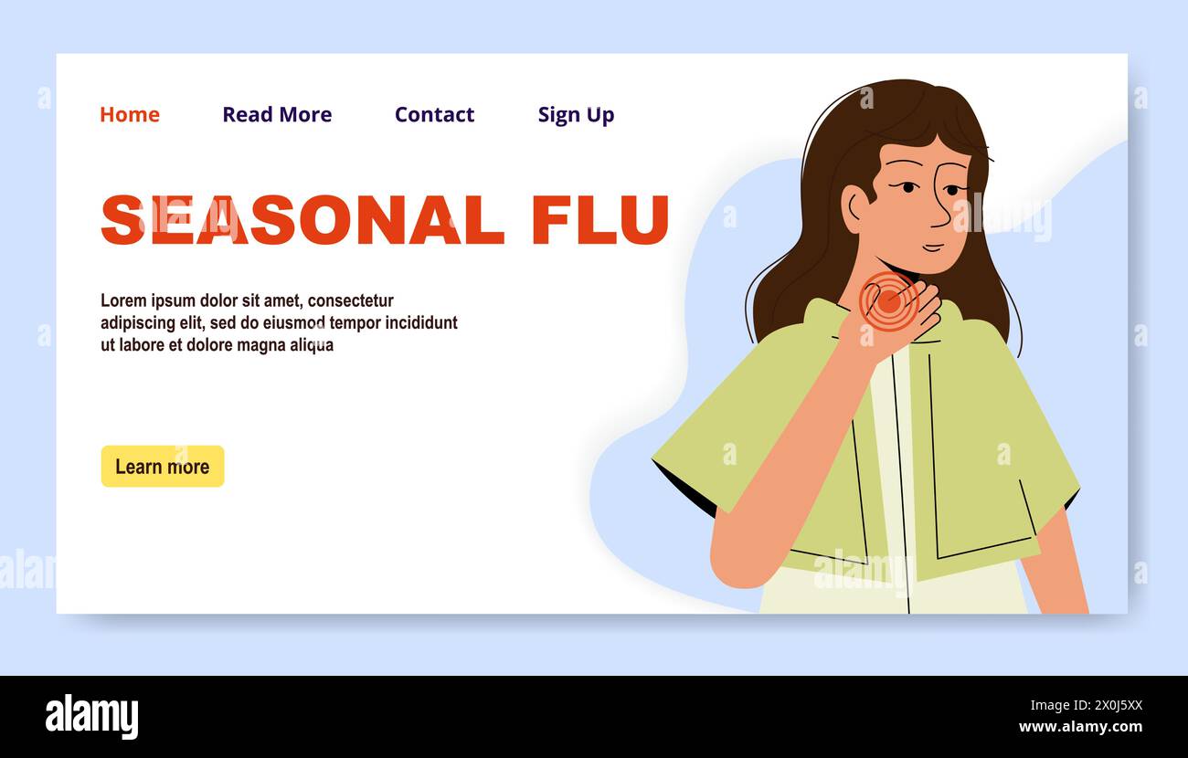 Bannière d'illustration plate des symptômes du rhume et de la grippe. Page d'accueil du concept de cancer de la gorge. Différence entre grippe et rhume. Illustration de style dessin animé simple Illustration de Vecteur