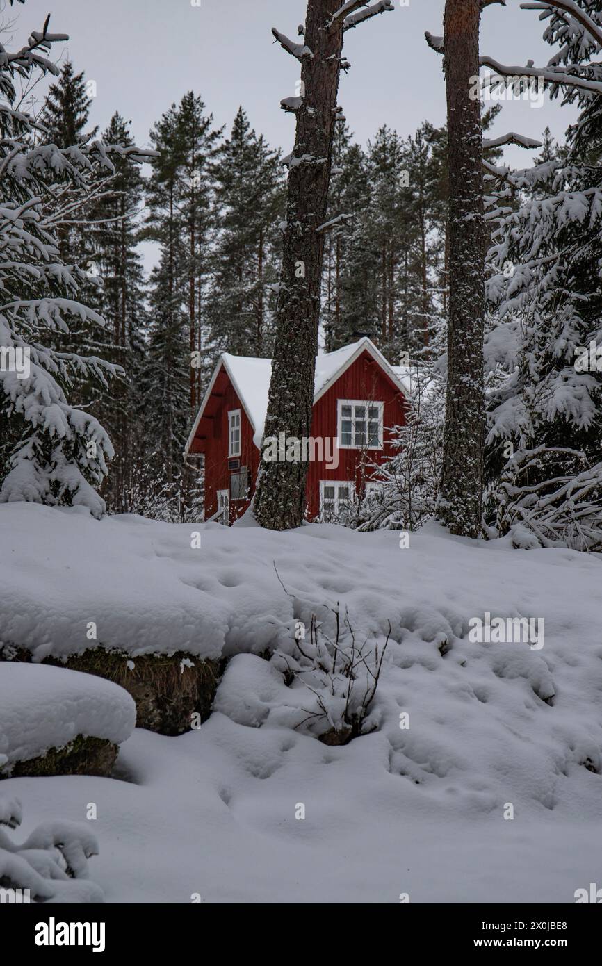 Maison suédoise rouge typique. Maison en bois dans un paysage d'hiver avec de la glace et de la neige. Petite colonie au milieu d'une forêt enneigée. Paysage photographié en Suède Banque D'Images