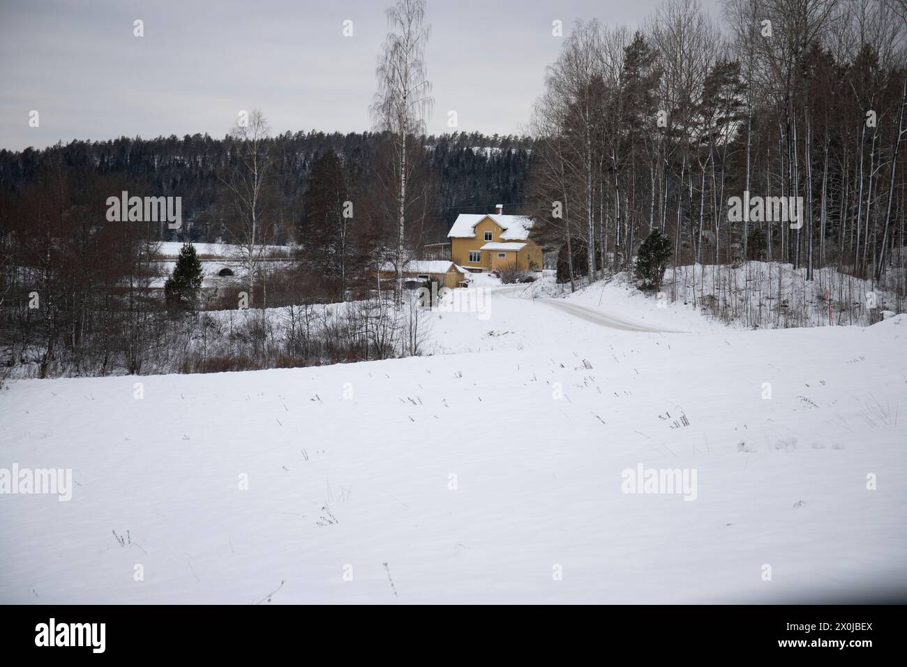 Maison suédoise typique. Maison en bois dans un paysage d'hiver avec de la glace et de la neige. Petite colonie au milieu d'une forêt enneigée. Paysage photographié en Suède Banque D'Images