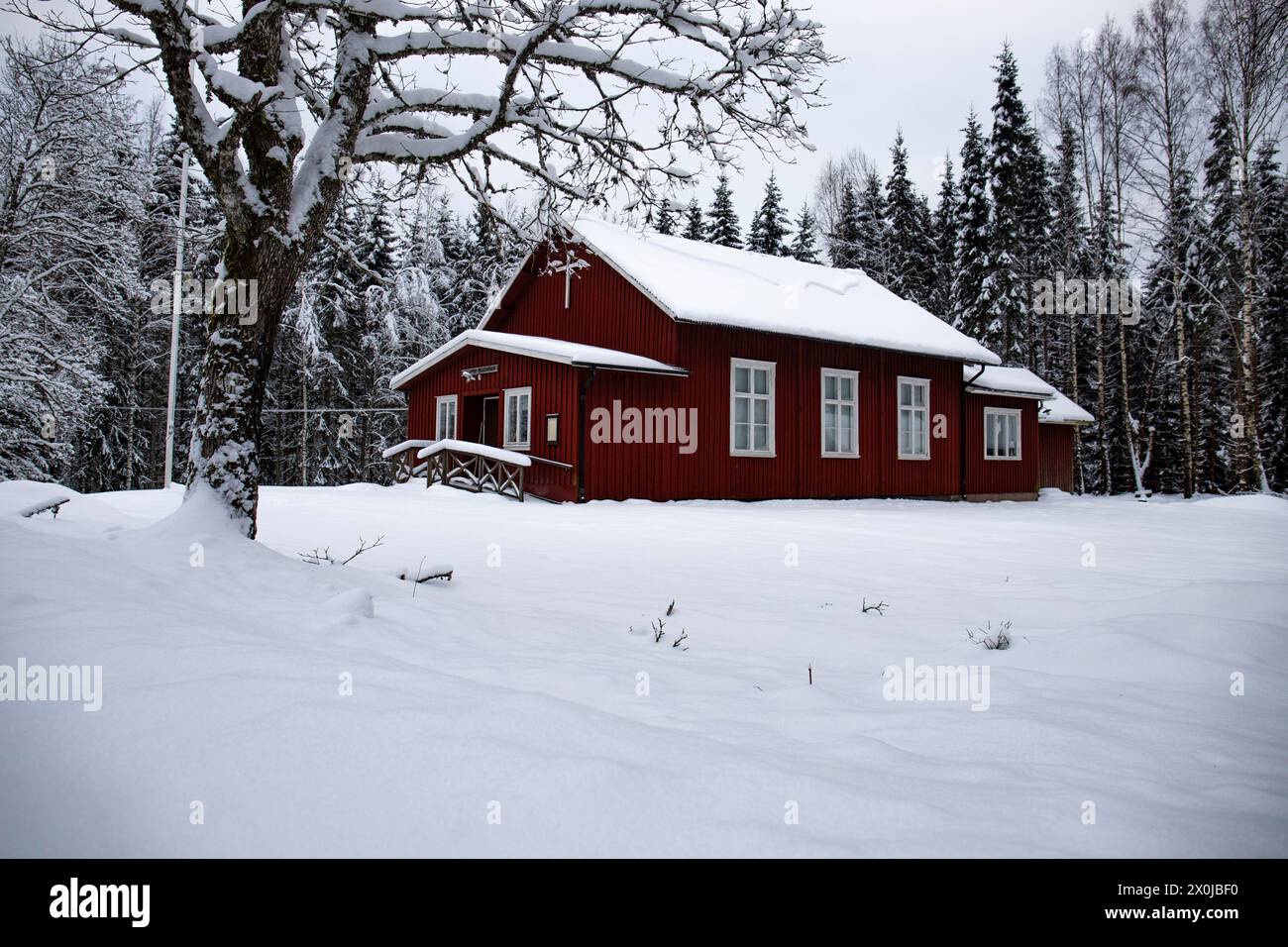 Maison suédoise rouge typique. Maison en bois dans un paysage d'hiver avec de la glace et de la neige. Petite colonie au milieu d'une forêt enneigée. Paysage photographié en Suède Banque D'Images