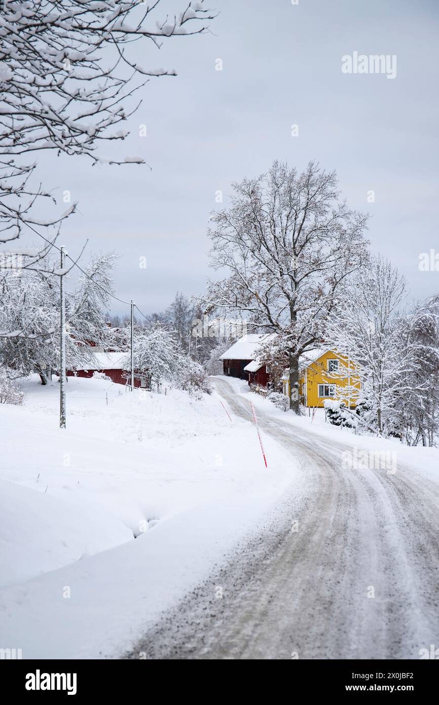 Maison suédoise typique. Maison en bois dans un paysage d'hiver avec de la glace et de la neige. Petite colonie au milieu d'une forêt enneigée. Paysage photographié en Suède Banque D'Images