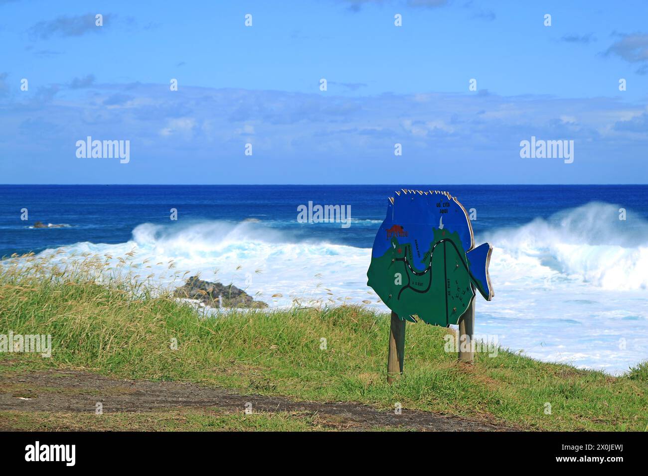 Grosses vagues qui s'affrontent sur la côte de l'océan Pacifique, ville de Hanga Roa, île de Pâques, Chili, Amérique du Sud Banque D'Images
