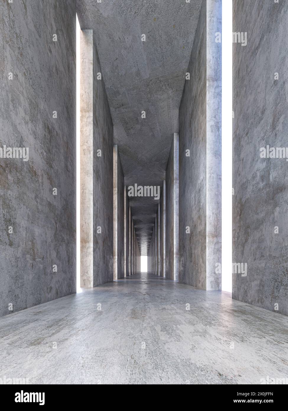 Long couloir avec des murs en béton éclairés par la lumière naturelle. rendu 3d. Banque D'Images