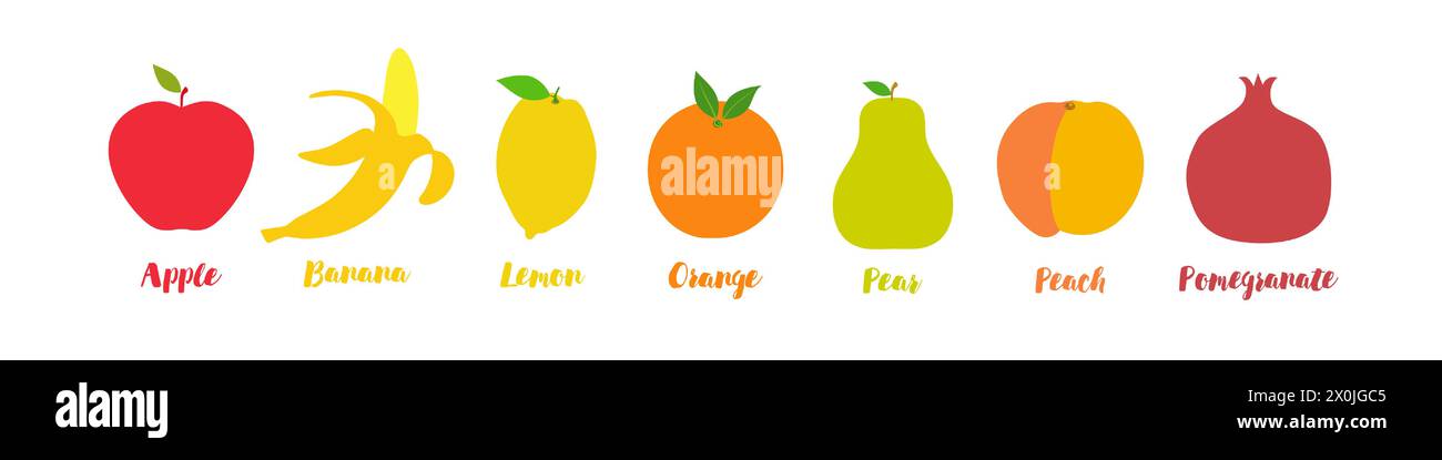 Grand ensemble de fruits vectoriels. Icônes de fruits. Collection graphique. Conception plate. Eléments isolés. Formes réalistes mignonnes. Modèle de menu. Pomme, banane, citron Illustration de Vecteur