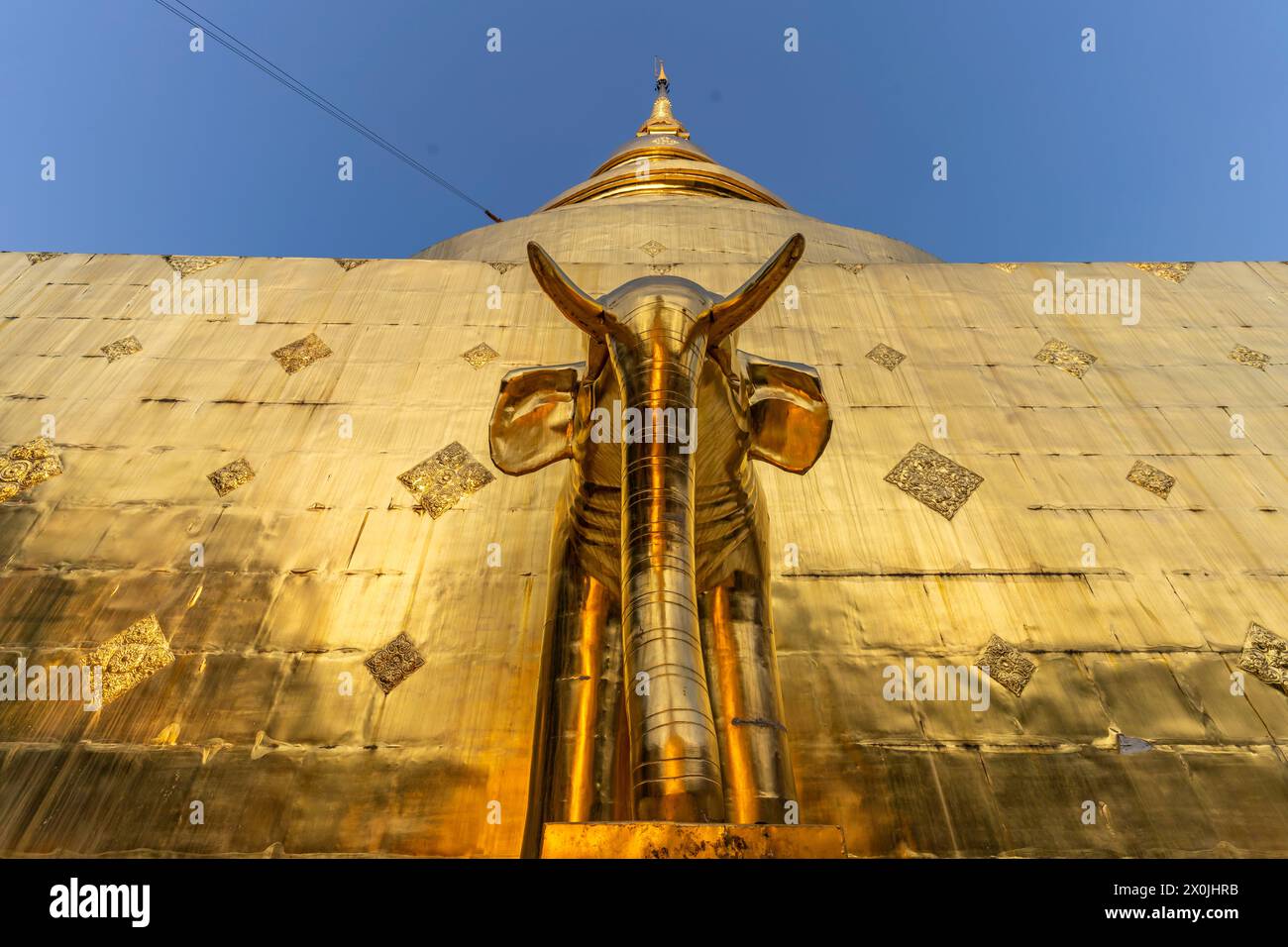 Éléphant au pied du Golden Chedi Phrathatluang dans le temple Wat Phra Singh, Chiang mai, Thaïlande, Asie Banque D'Images