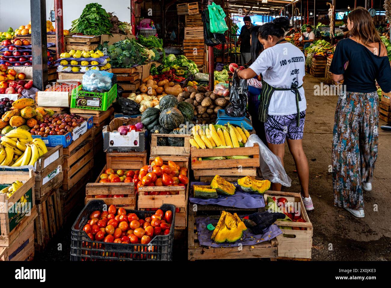 Un étal coloré de fruits et légumes dans un marché alimentaire intérieur, Salta, province de Salta, Argentine. Banque D'Images