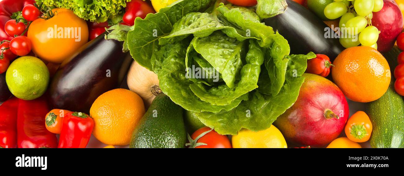Légumes et fruits sains - contexte. Photo grand angle. Banque D'Images