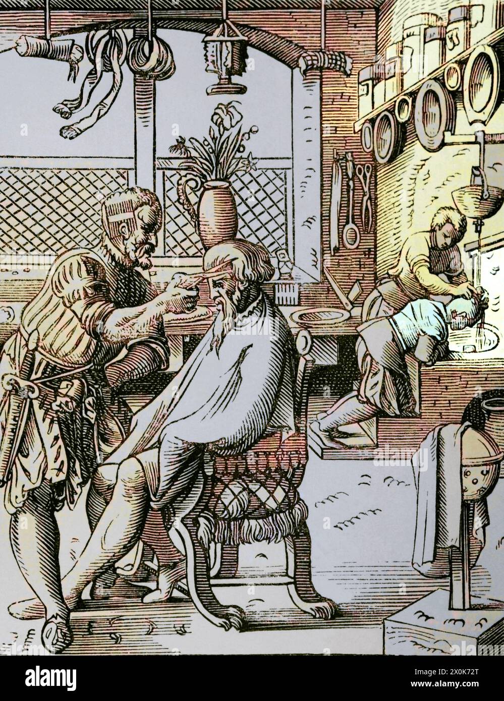 Le Barbier. Reproduction d'une gravure du XVIe siècle de Jost Amman. Coloration ultérieure. « Moeurs, usages et costumes au moyen-âge et à l'époque de la Renaissance », de Paul Lacroix. Paris, 1878. Banque D'Images