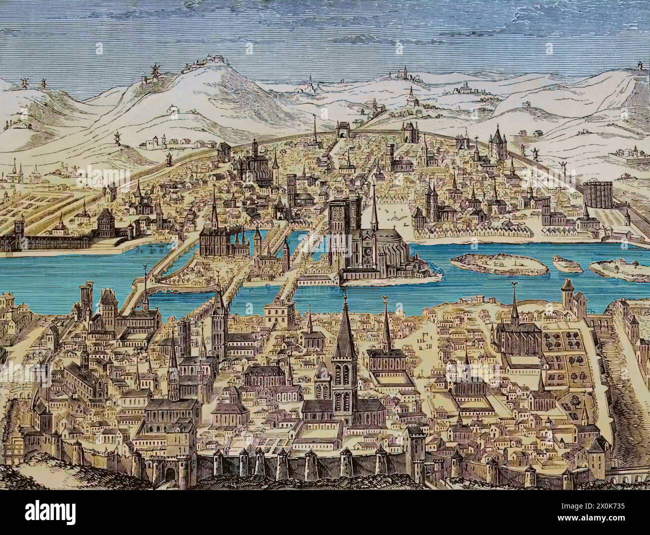 France. Perspective de la ville de Paris en 1607. Fac-similé d'une plaque de cuivre de Léonard Gaultier (1561-1641). Coloration ultérieure. « Moeurs, usages et costumes au moyen-âge et à l'époque de la Renaissance », de Paul Lacroix. Paris, 1878. Banque D'Images