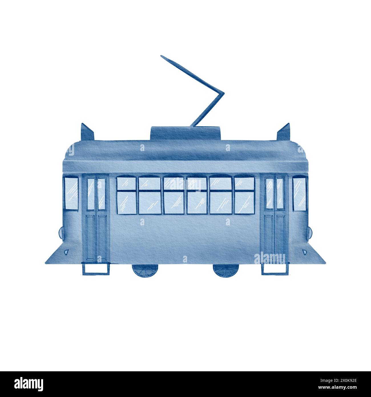 Tramway jaune numéro 28. Dans la technique monochrome des couleurs de tuiles, bleu et blanc. Illustration aquarelle. Elément de tuiles azulejo. Pour les autocollants Banque D'Images