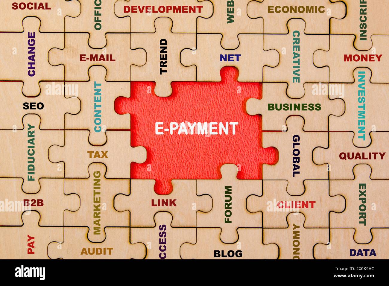 Cette image illustre le concept des paiements électroniques, où les pièces de puzzle représentent différents aspects des transactions numériques Banque D'Images