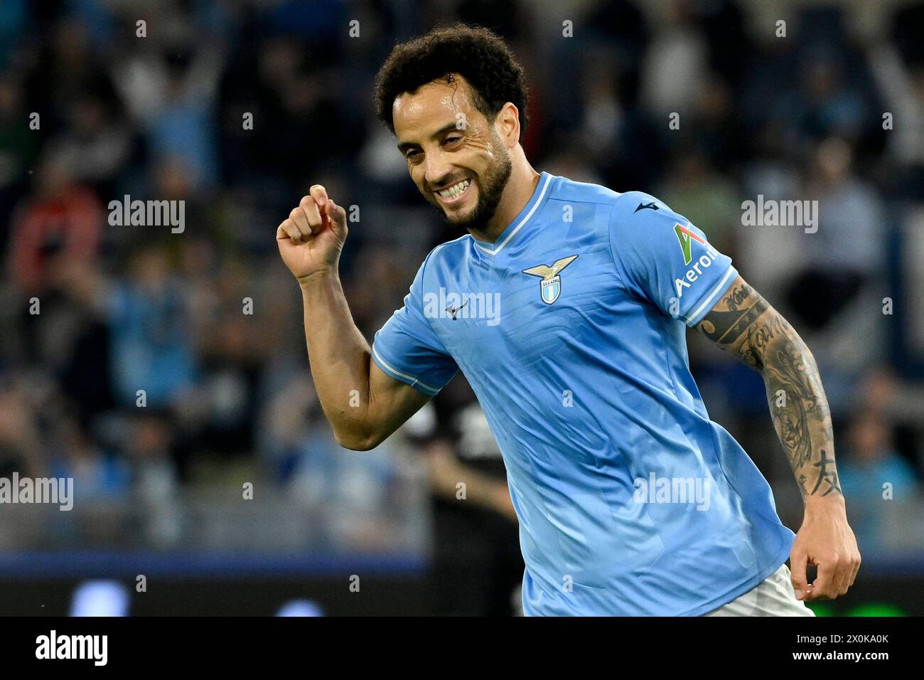 Rome, Italie. 12 avril 2024. Felipe Anderson du SS Lazio célèbre après avoir marqué le but de 3-1 lors du match de Serie A entre le SS Lazio et l'US Salernitana au stade Olimpico à Rome (Italie), le 12 avril 2024. Crédit : Insidefoto di andrea staccioli/Alamy Live News Banque D'Images