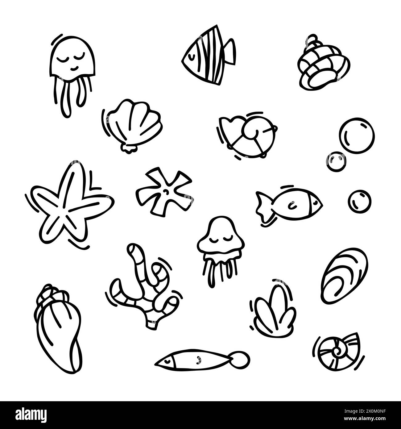 Ensemble d'éléments vectoriels dans le style doodle. coquillages dessinés, étoiles de mer, esquisse de contour noir éléments isolés sur fond blanc pour modèle de conception. OCE Illustration de Vecteur