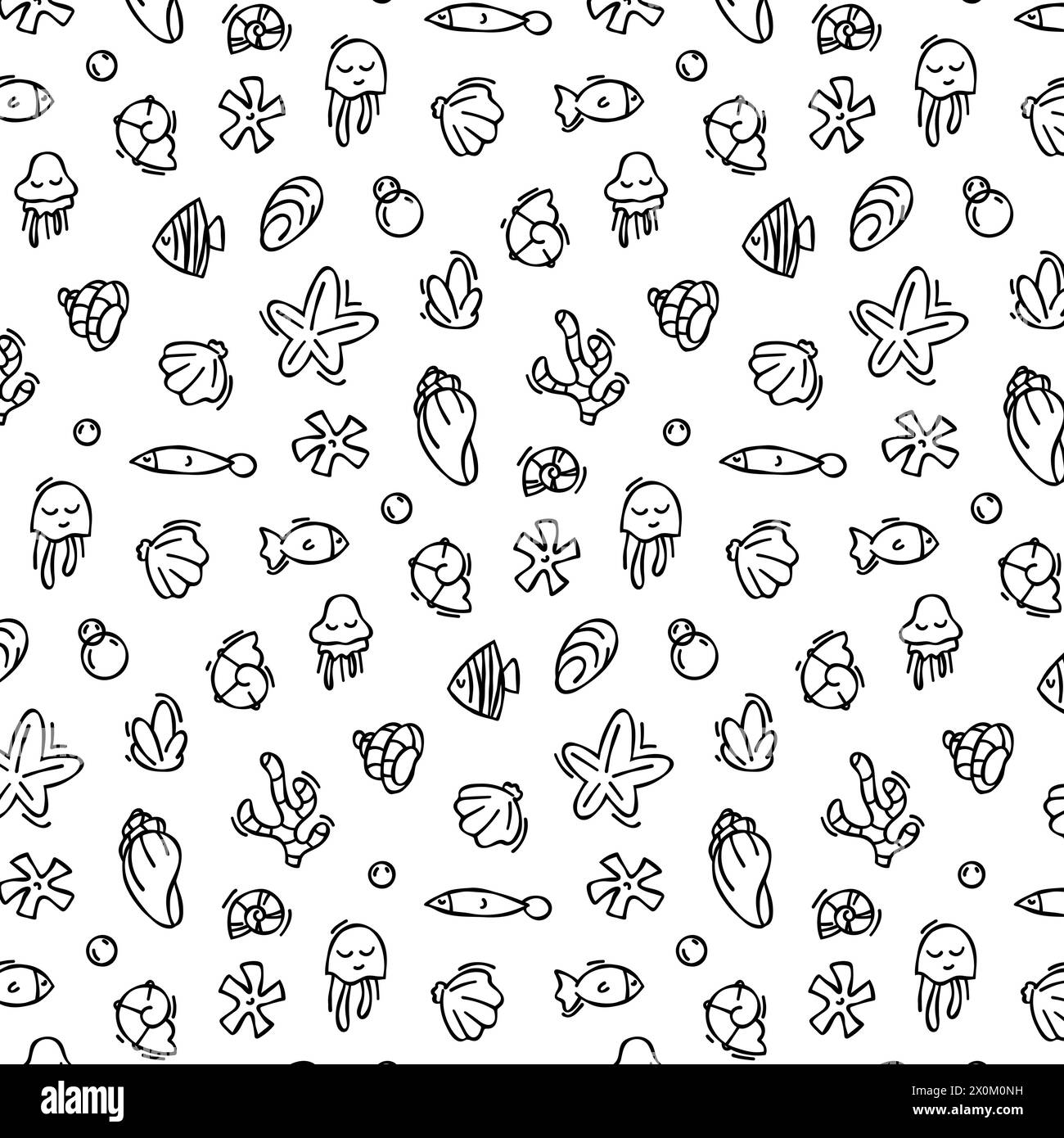Motif coquillage dans le style doodle, esquisse de contour noir d'éléments isolés sur fond blanc pour modèle de conception. Flore océanique Illustration de Vecteur