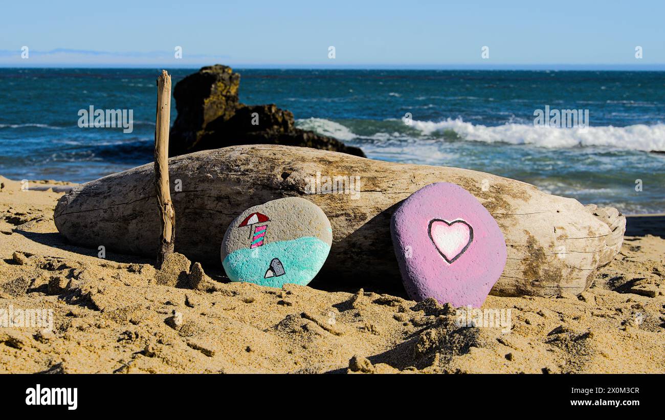 Peinture de pierre à la plage de Santa Cruz, Californie. Banque D'Images