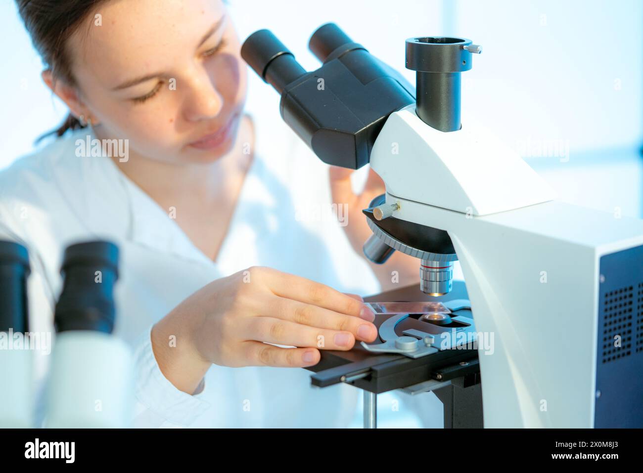 Scientifique analysant une lame de verre avec un microscope. Banque D'Images