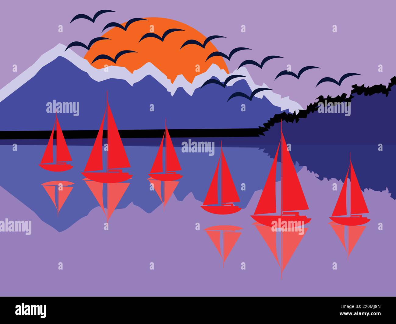 Voiliers sur le lac. Illustration vectorielle dans un style plat. Illustration de Vecteur