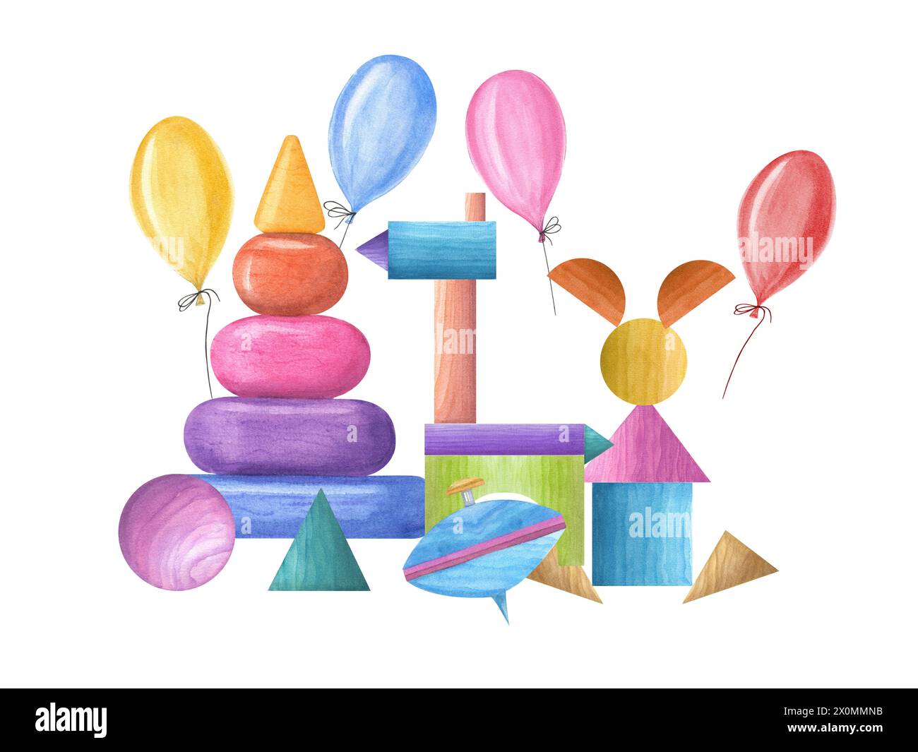 Pyramide multicolore, toupie, boule, cubes, cheval et lièvre faits de cubes, ballons. Jouets en bois. Illustration aquarelle. Banque D'Images