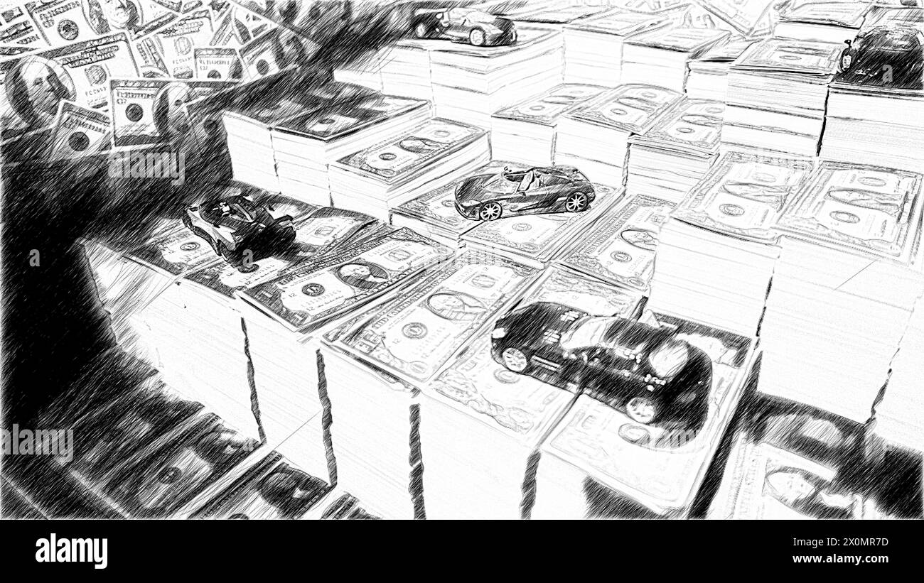 Croquis noir et blanc de voitures de luxe sur des piles de dollars américains Banque D'Images