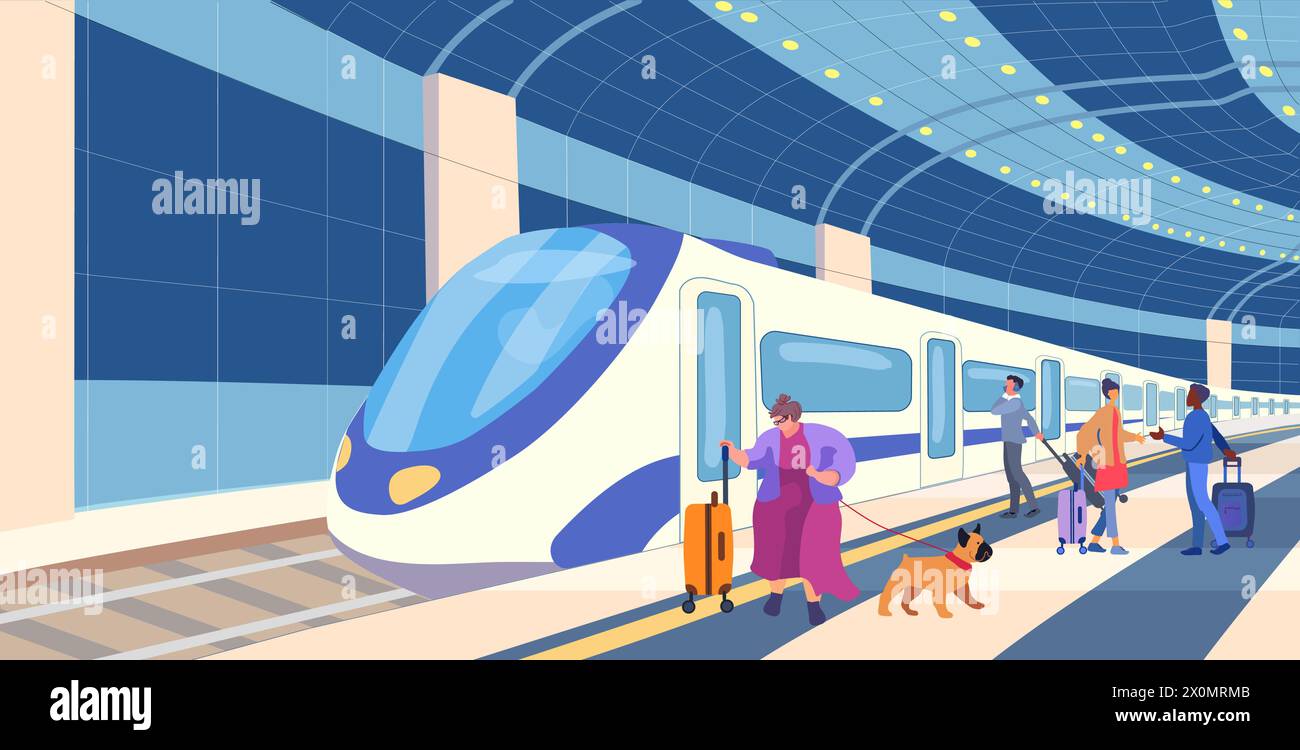 Chemin de fer. Station de métro. Train de nuit. Voitures de passagers sur une plate-forme avec personnes. Inclusion humaine. Voyage d'une grande femme avec un chien et des bagages. Réunion. Illustration vectorielle Illustration de Vecteur