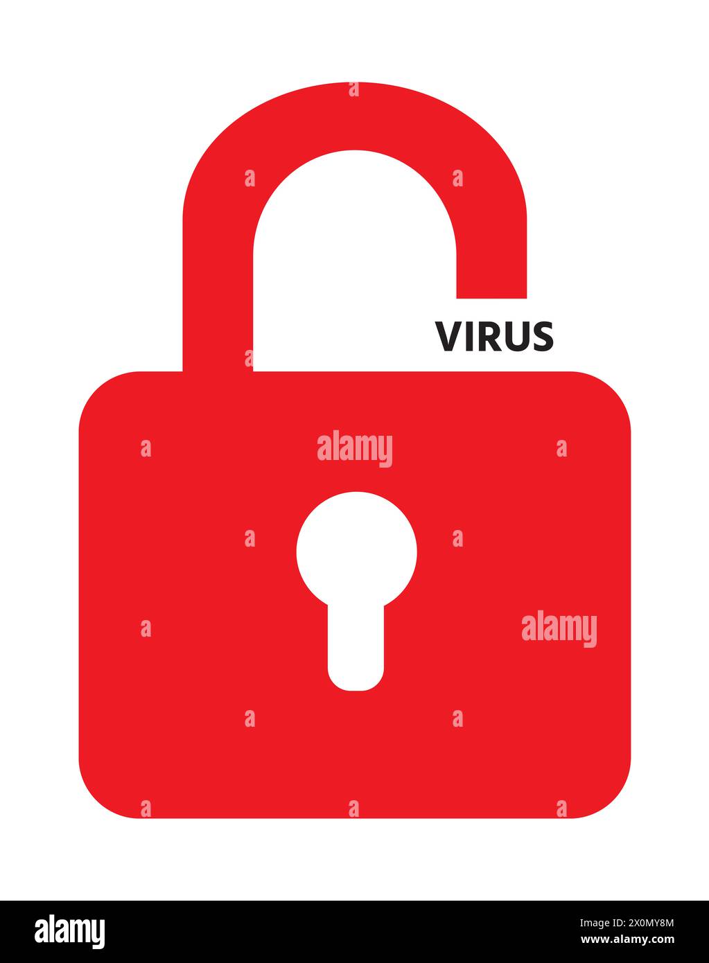 Illustration isolée d'un cadenas rouge déverrouillé avec un signe virus. Sécurité des données personnelles sur Internet. Banque D'Images
