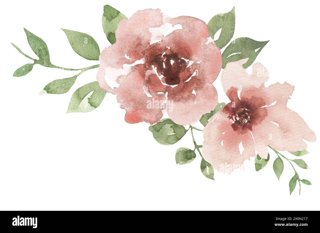 Fleurs roses à l'aquarelle et bordure de fleurs de verdure, illustration de bouquet de fleurs de jardin Banque D'Images