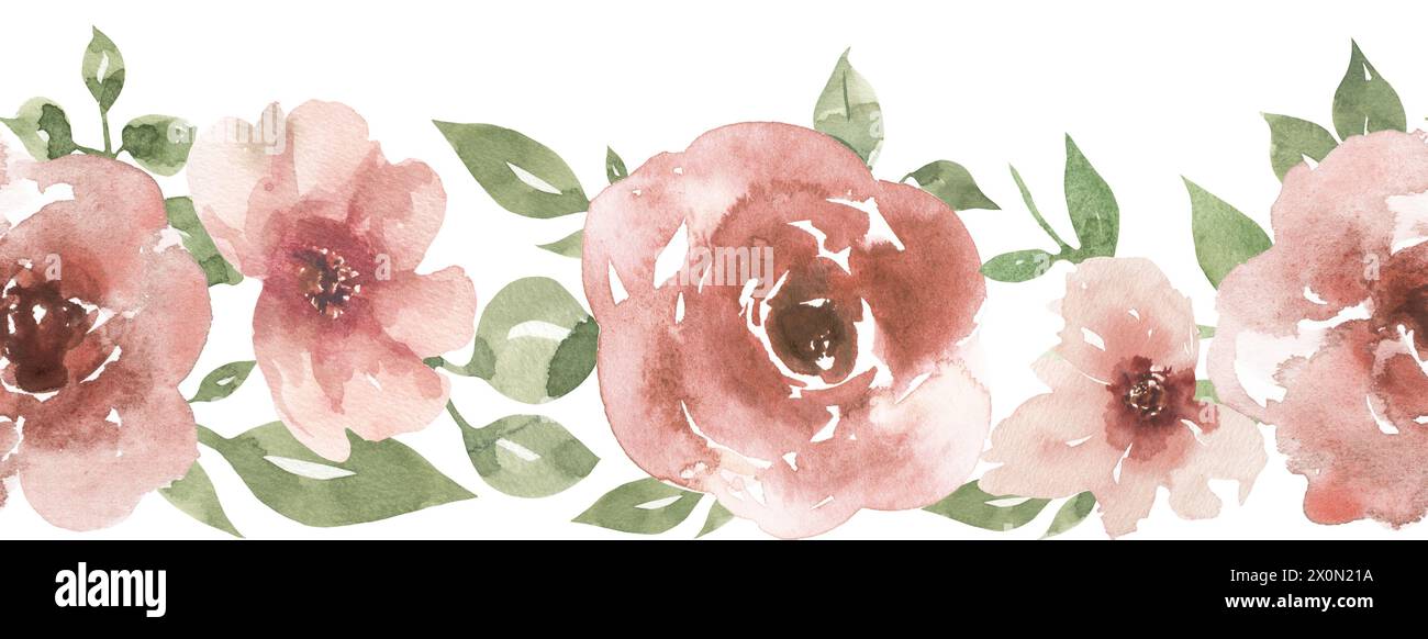 Fleurs roses à l'aquarelle et fleurs de verdure bordure sans couture, bouquet de fleurs de jardin, motif répété Banque D'Images