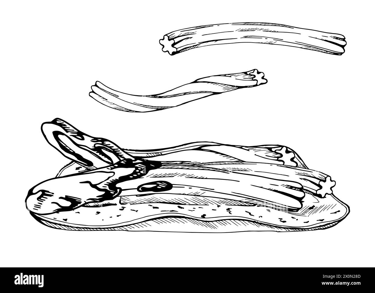 Illustration vectorielle d'encre dessinée à la main, churros de dessert de pâtisserie sucrée en chocolat sur plaque de céramique, cuisine espagnole. Composition isolée sur blanc Illustration de Vecteur