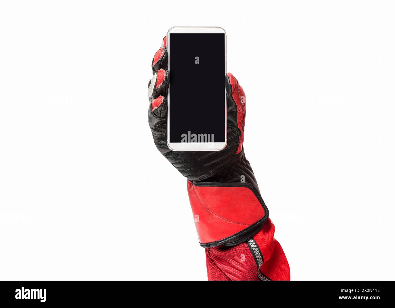 Smartphone Biker portable avec écran vierge, image rognée et espace de copie Banque D'Images