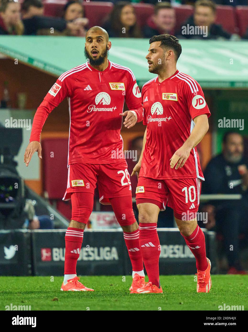 Kevin Volland, Union Berlin 10 Aissa Laidouni, Union Berlin 20 dans le match FC AUGSBURG - 1. FC Union Berlin 2-0 le 12 avril 2024 à Augsbourg, Allemagne. Saison 2023/2024, 1.Bundesliga, FCA, Journée 29, 29.Spieltag photographe : ddp images / STAR-images - LA RÉGLEMENTATION DFL INTERDIT TOUTE UTILISATION DE PHOTOGRAPHIES comme SÉQUENCES D'IMAGES et/ou QUASI-VIDÉO - Banque D'Images