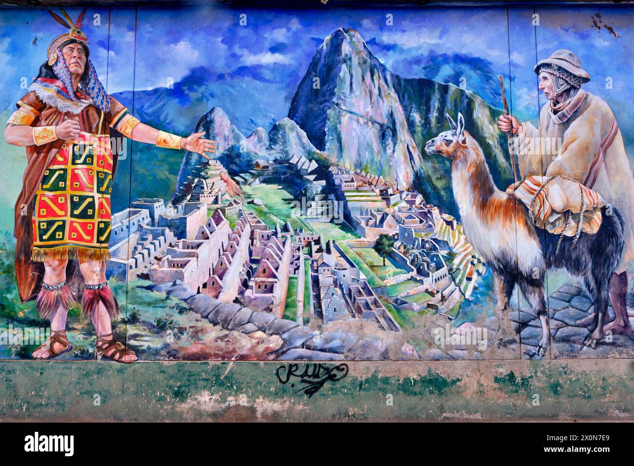 Pérou, province de Cuzco, Cuzco, classé au patrimoine mondial de l'UNESCO, place Ovalo Pachacutec, murale représentant Machu Picchu Banque D'Images