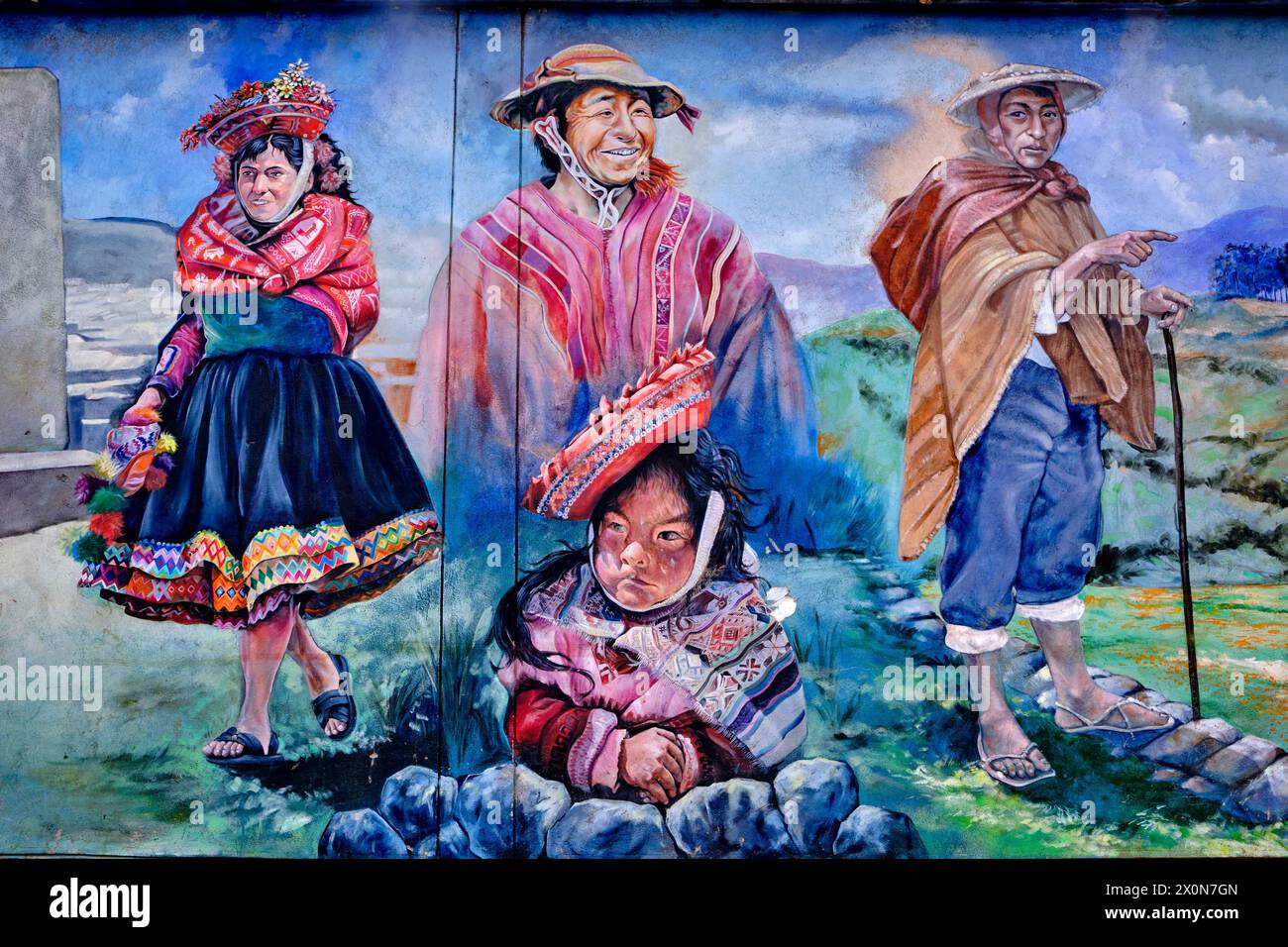 Pérou, province de Cuzco, Cuzco, classé au patrimoine mondial de l'UNESCO, place Ovalo Pachacutec, peinture murale Banque D'Images