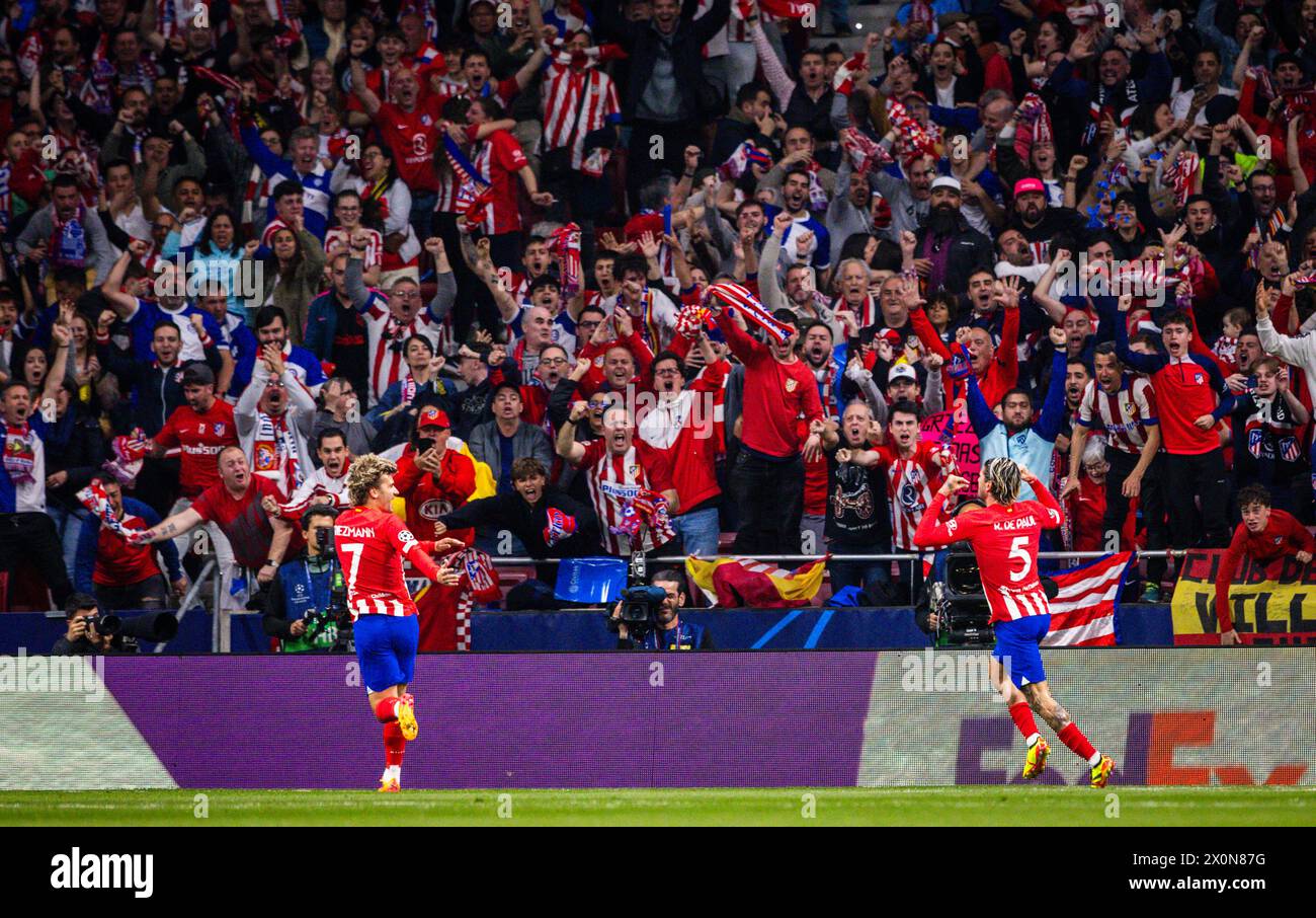 Madrid Espagne. 10 avril 2024. Torjubel : Antoine Griezmann (Atlético) Rodrigo de Paul (Atlético) Atletico Madrid - Borussia Dortmund 10.04.2024 Copyr Banque D'Images