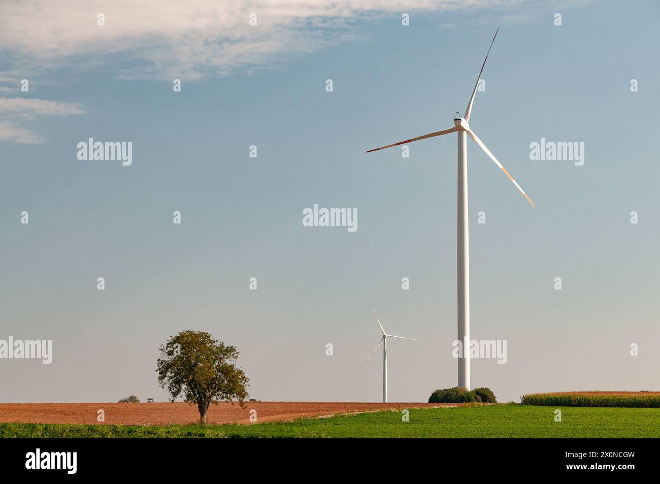 Production d'énergie verte durable avec des éoliennes, par une journée ensoleillée avec ciel nuageux Banque D'Images