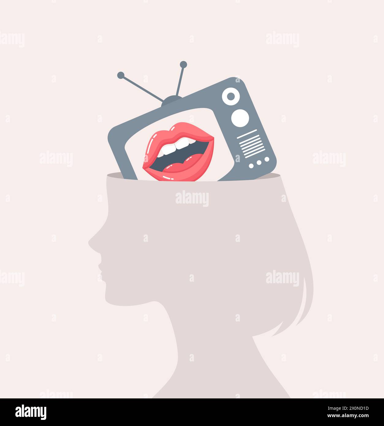 Silhouette d'une femme avec un téléviseur à l'intérieur de sa tête et une bouche parlante sur l'écran. Illustration vectorielle plate Illustration de Vecteur