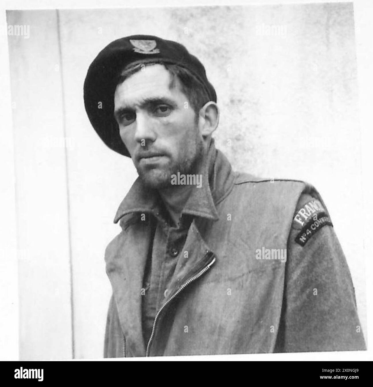 Portrait d'un commando de marine français du 10 Commando (Inter-allié), rattaché au 4 Commando de la 1re brigade de services spéciaux, lors de la campagne de Normandie à Amfreville le 9 juin 1944. Banque D'Images