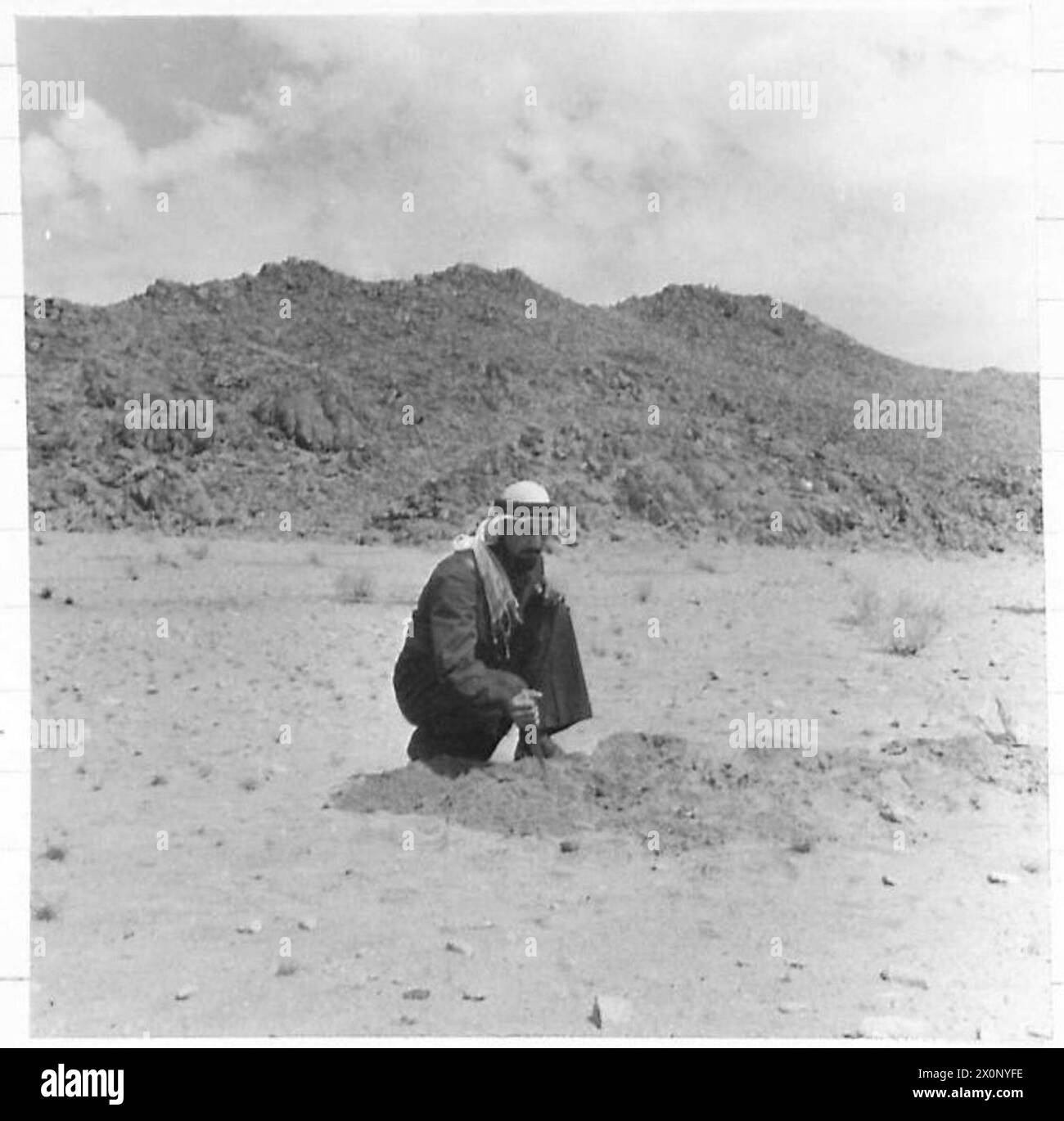 Les photographies montrent des membres du personnel allié, dont John Kort, engagés dans la lutte antiacridienne en localisant et détruisant les œufs de criquets pour prévenir les fléaux, dans le cadre des efforts de lutte antiparasitaire des Nations Unies. Banque D'Images